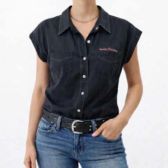 Harley-Davidson Tops - Harley-Davidson Edgy Eagle Statement Button-Down Biker Y2K Short Sleeve [size S]